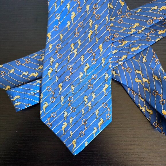 LANCEL Paris Men 100% Silk Neck Tie Blue Seahorses Horse Bit Hand Made in France - Picture 1 of 6